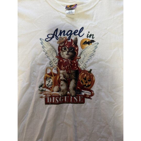 Angel In Disguise Women Cat Halloween T Shirt White Size Large Cotton Kitty - Picture 6 of 9
